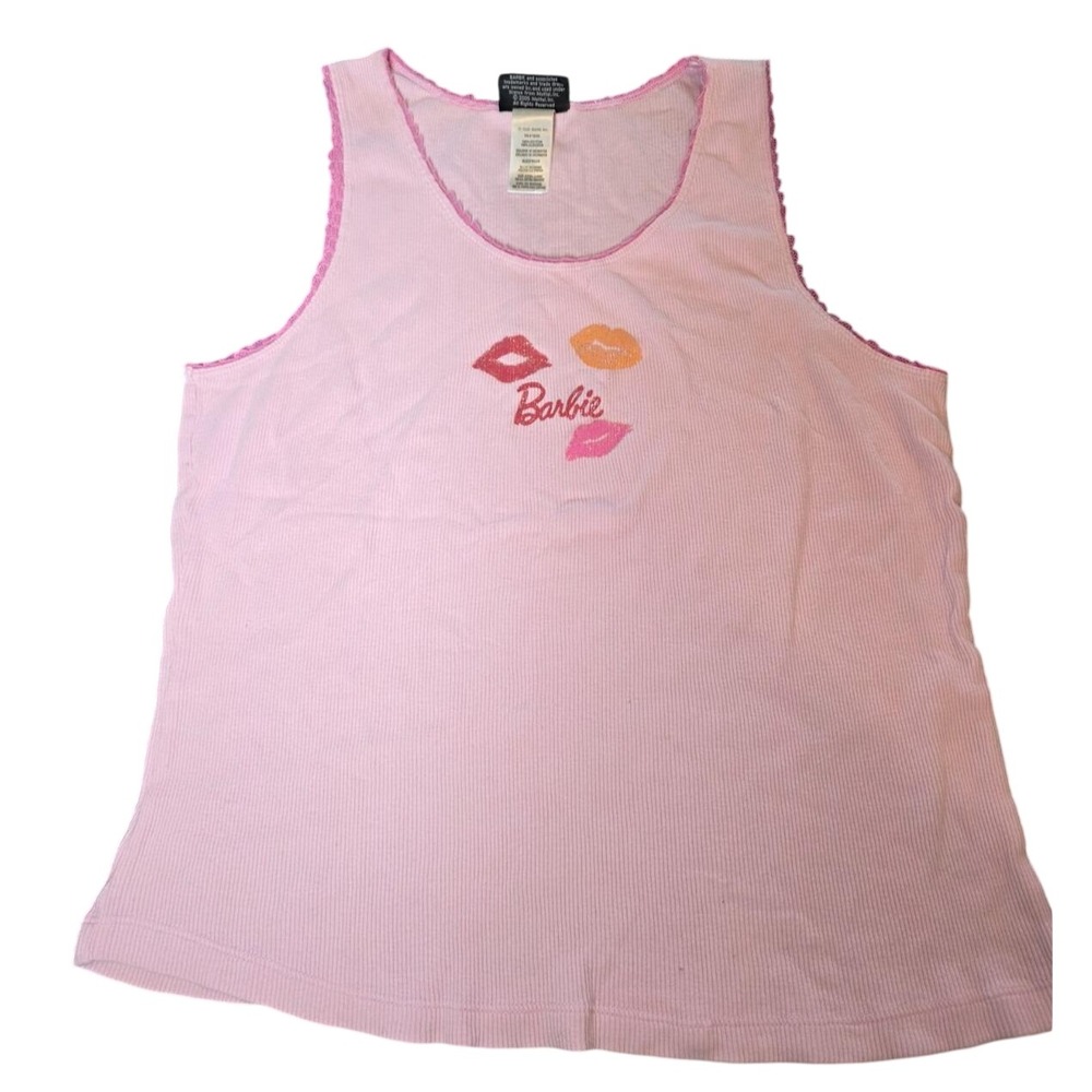 Vintage Barbie Tank Top Light Pink Ribbed Sleep Shirt Lip Kiss XL Y2K Barbiecore - Picture 1 of 8